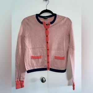 Light Pink Cardigan with Salmon & Navy Accents and Bronze Button Closure